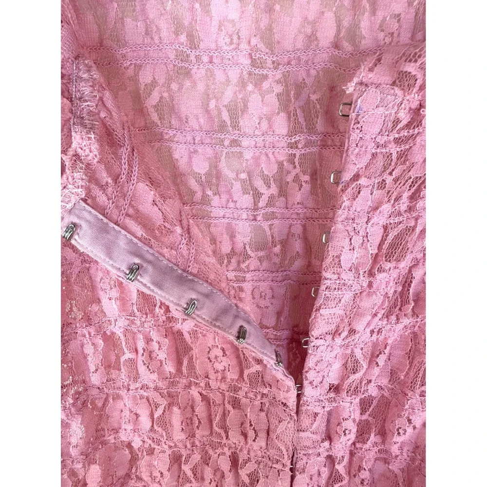 Free People FP One Madison Lace Top Pink Sheer Smocked Bell Sleeve XS‎ NWT